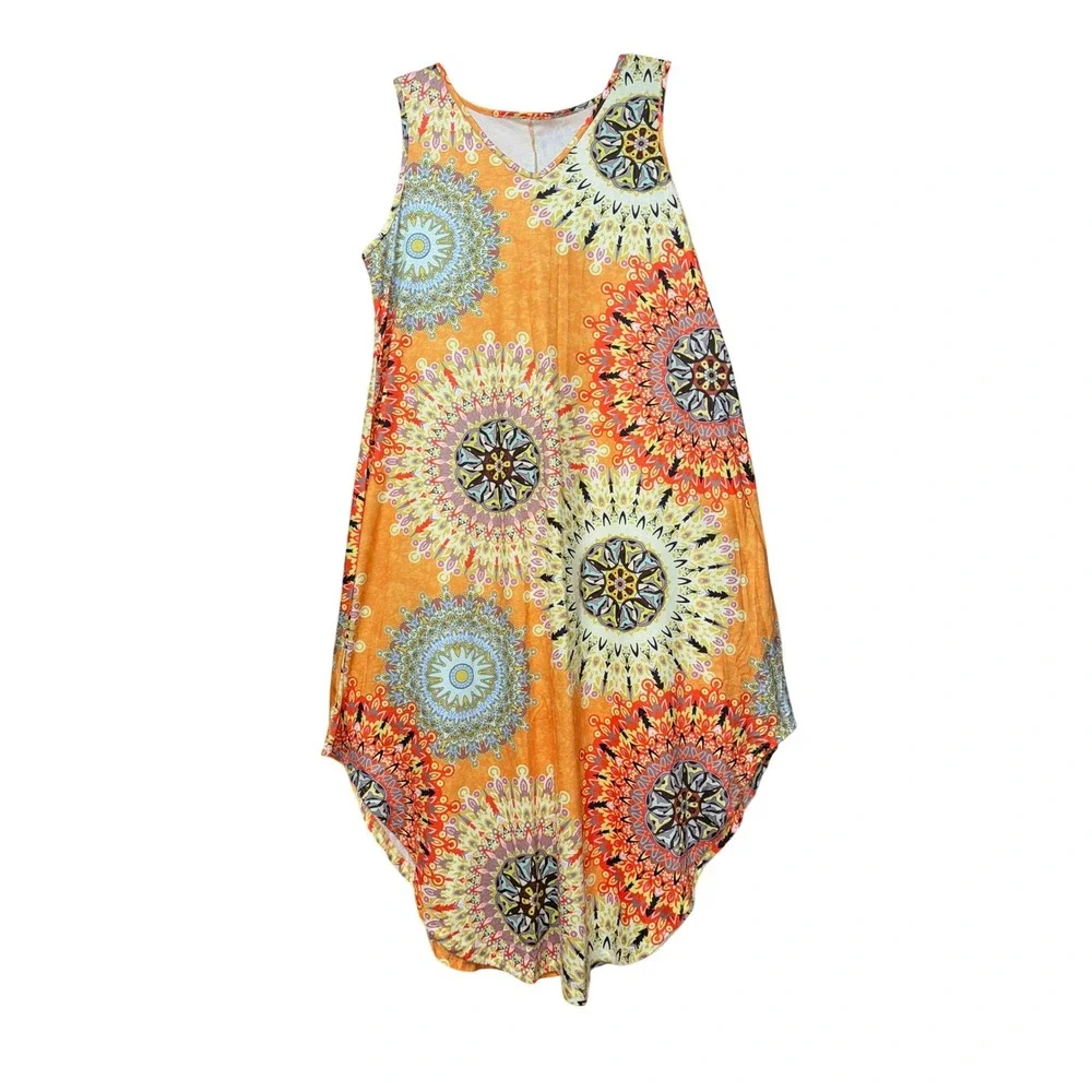 Women 1XL Casual Tank Dress Mandala Artsy Vacay Summer Beach Coastal Boho resort - Picture 4 of 7